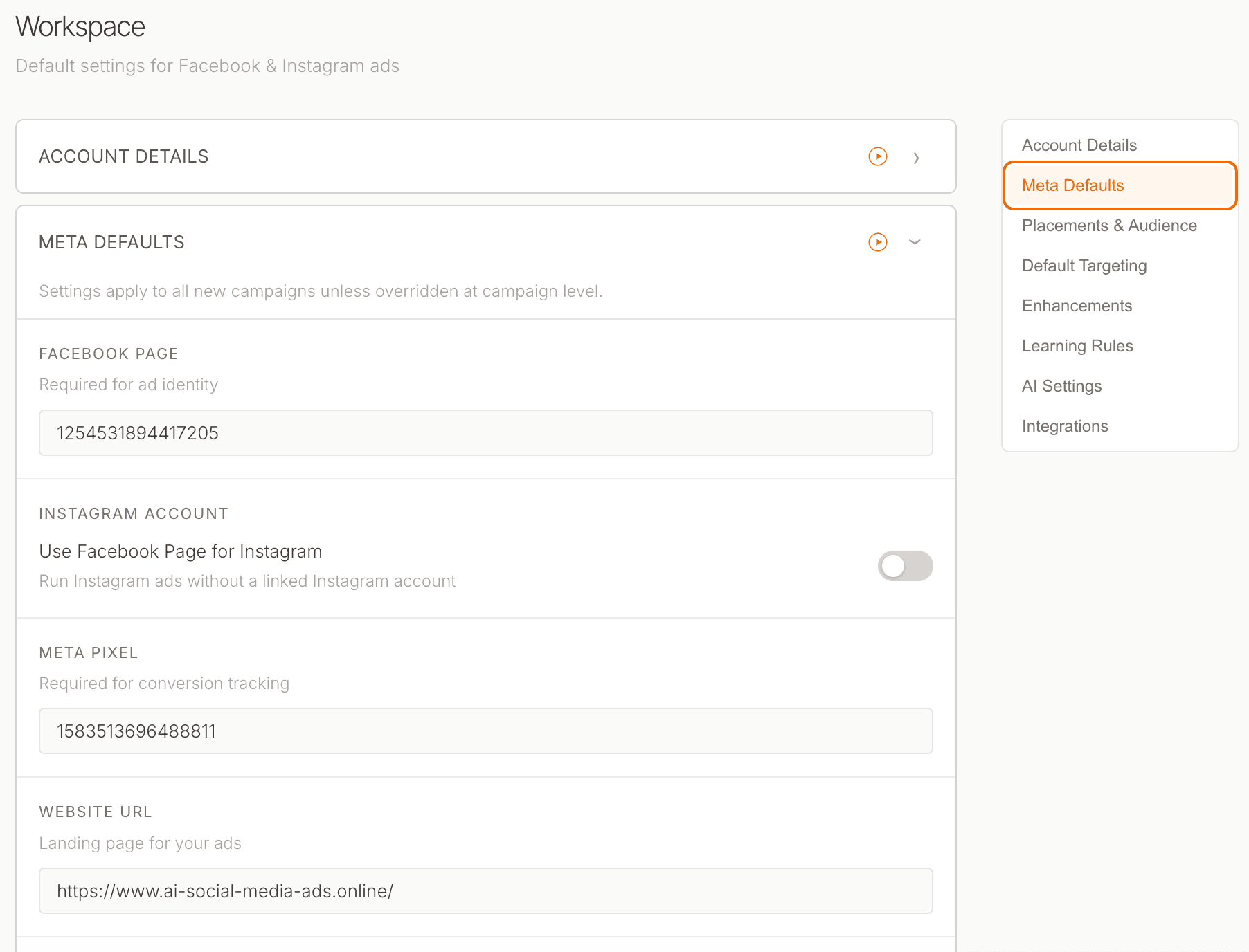 Workspace advanced options